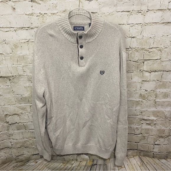 NEW Chaps Beige Mock Button Neck Pullover Sweater Suede Elbow Patch - Picture 1 of 6